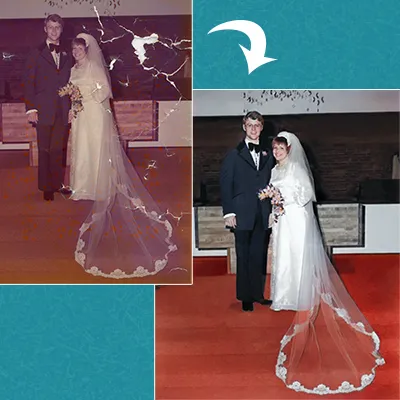 Digital Photo Restoration Torn damaged photo next to restored color-improved photo