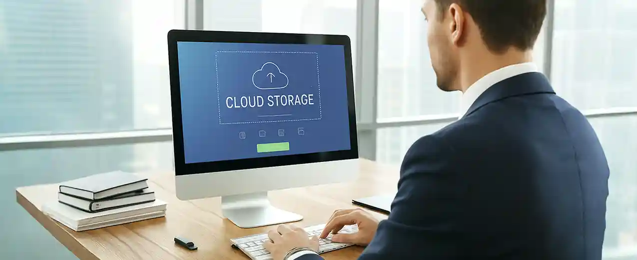 Man at computer downloading files