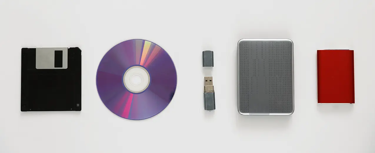 Floppy disk, DVD, USB drive, Hard drives